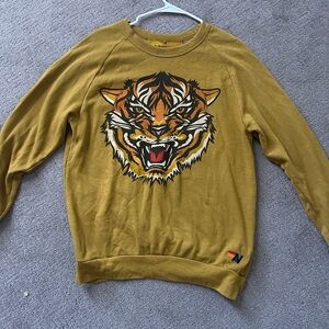 Aviator Nation Mustard Yellow Crewneck Sweater with Tiger Design